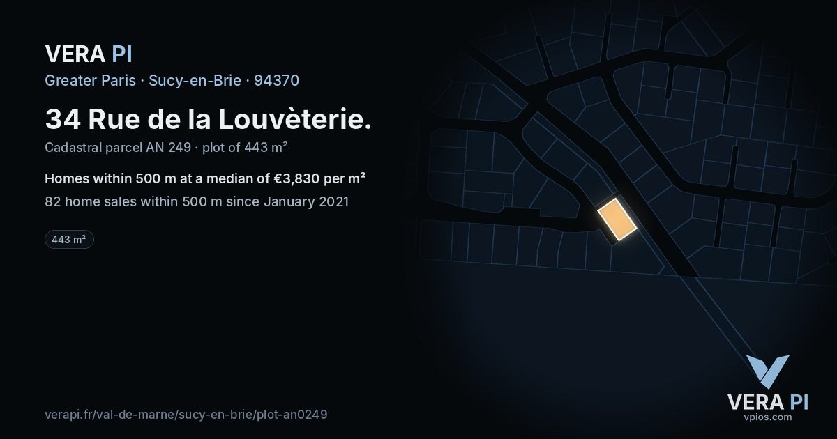34 Rue de la Louvèterie, Sucy-en-Brie at night – the plot lit, the parcels around coloured by the prices near them