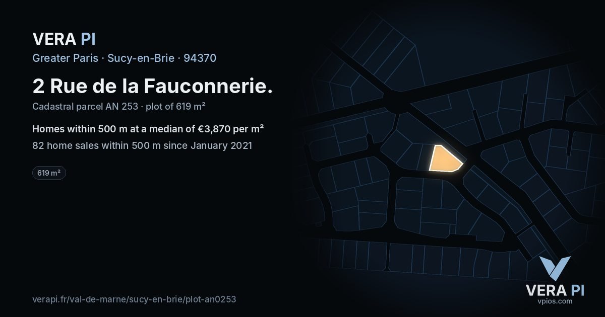 2 Rue de la Fauconnerie, Sucy-en-Brie at night – the plot lit, the parcels around coloured by the prices near them