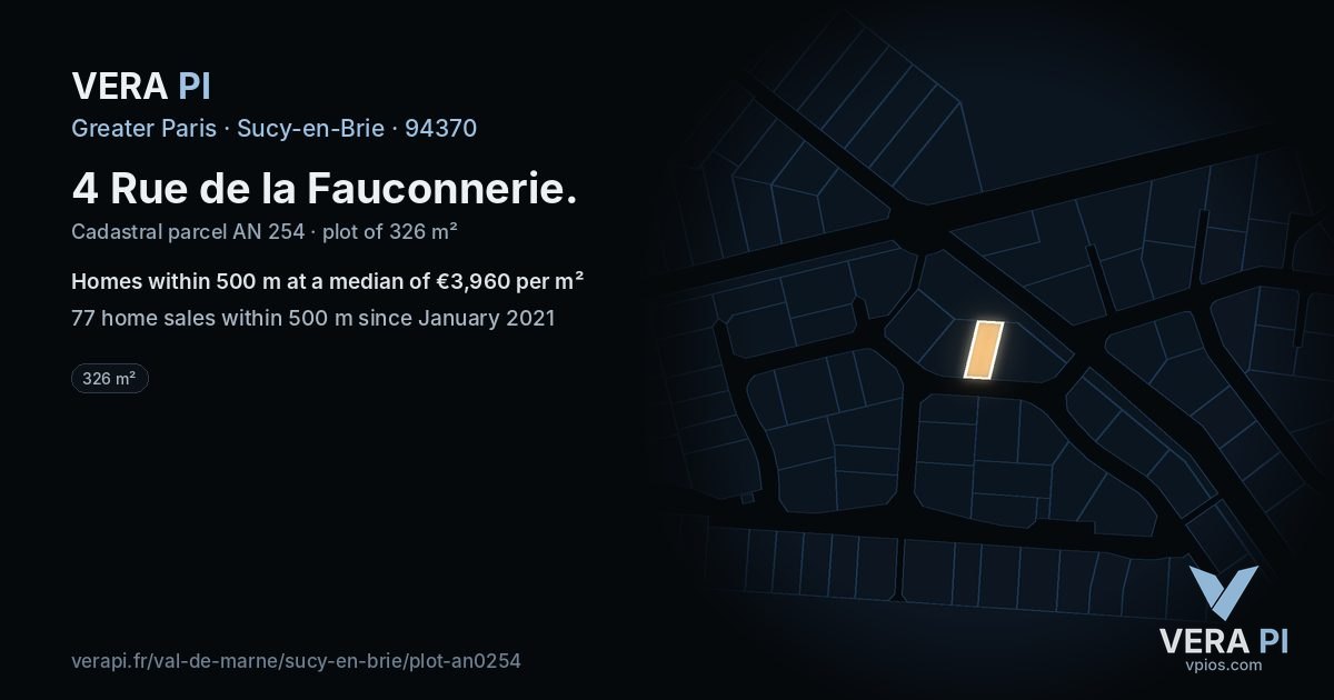 4 Rue de la Fauconnerie, Sucy-en-Brie at night – the plot lit, the parcels around coloured by the prices near them