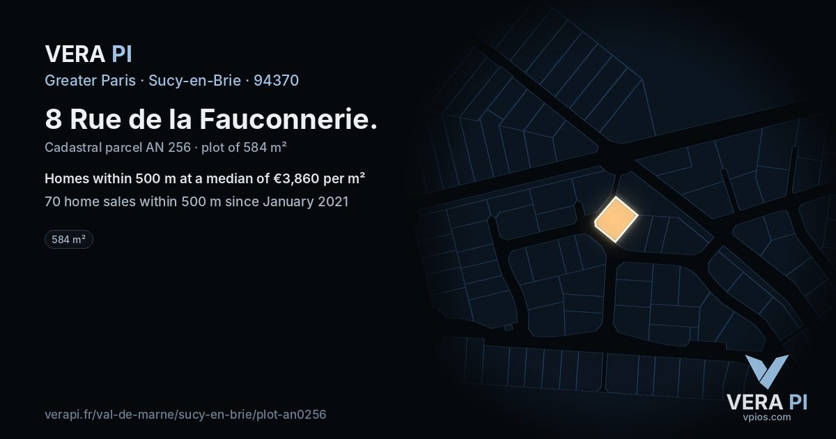 8 Rue de la Fauconnerie, Sucy-en-Brie at night – the plot lit, the parcels around coloured by the prices near them