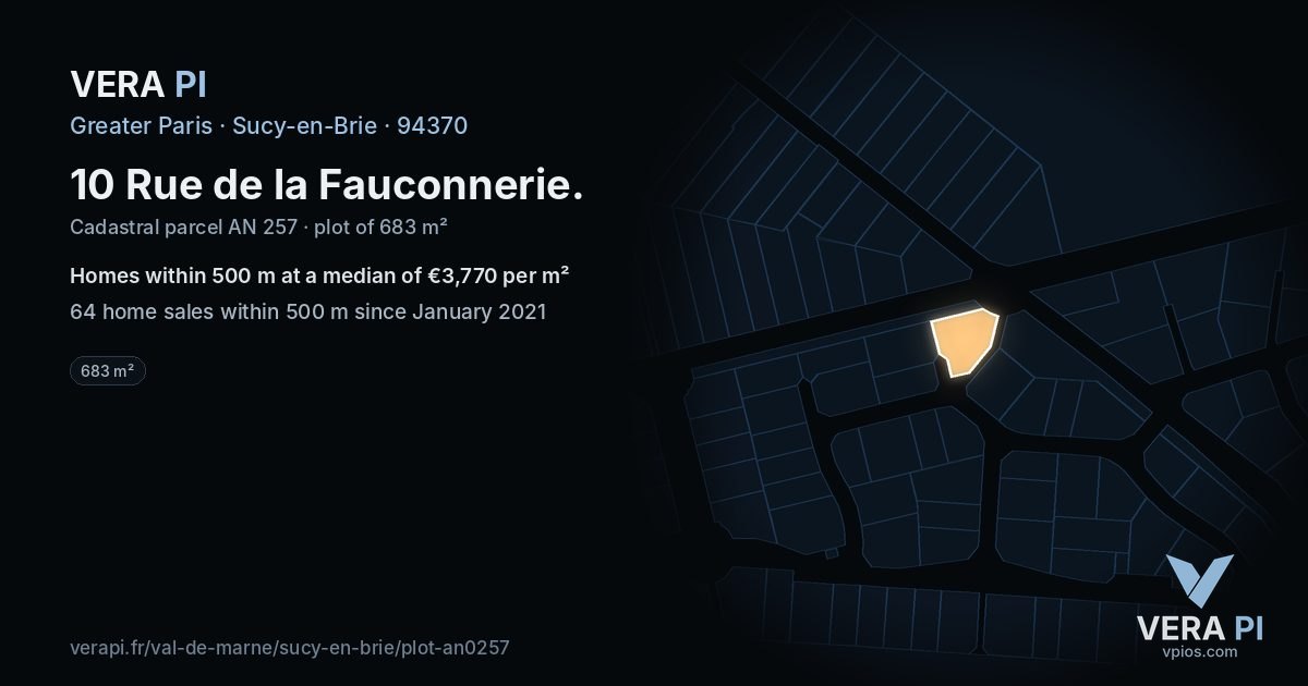 10 Rue de la Fauconnerie, Sucy-en-Brie at night – the plot lit, the parcels around coloured by the prices near them