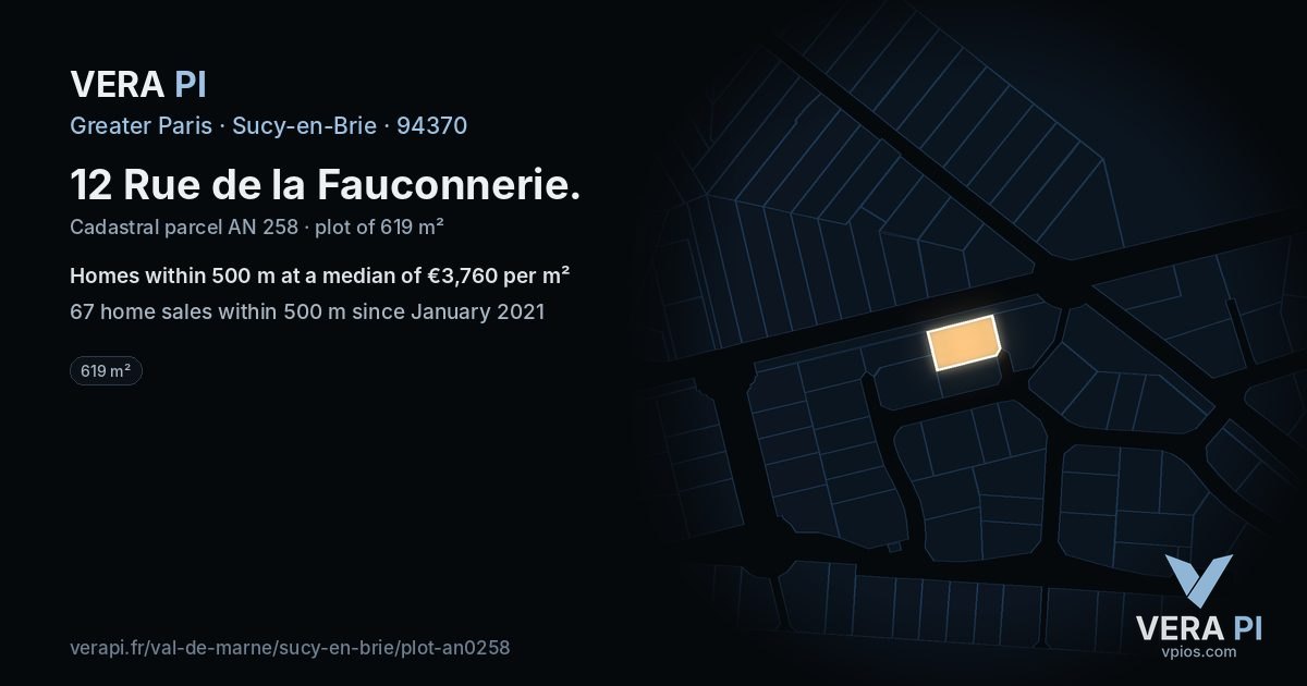12 Rue de la Fauconnerie, Sucy-en-Brie at night – the plot lit, the parcels around coloured by the prices near them