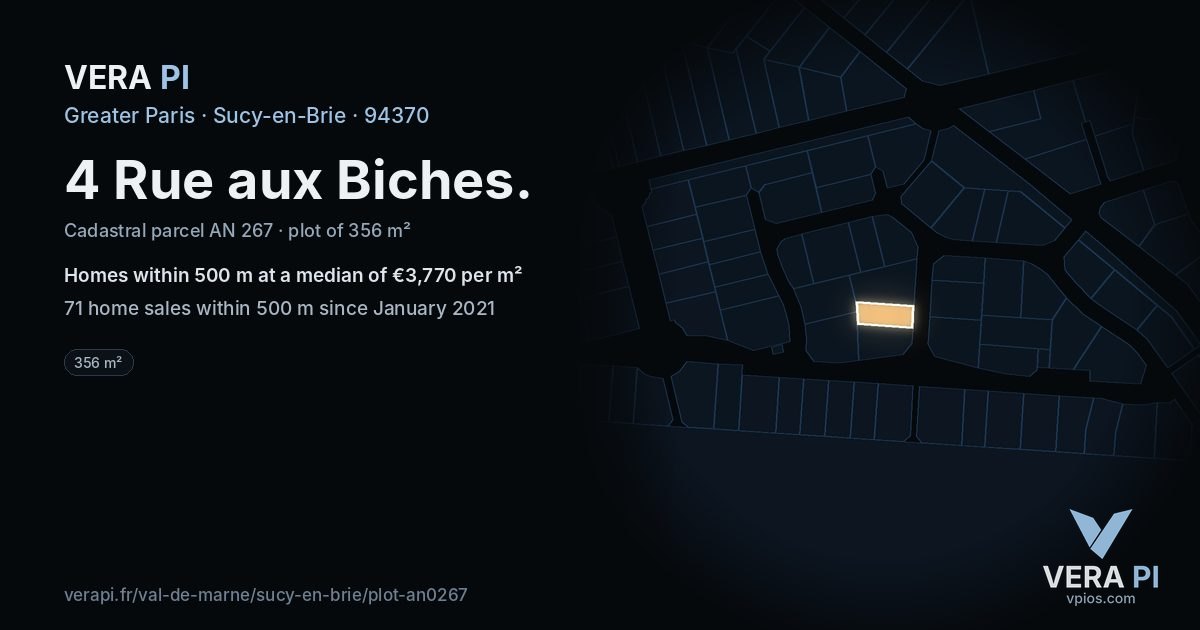 4 Rue aux Biches, Sucy-en-Brie at night – the plot lit, the parcels around coloured by the prices near them