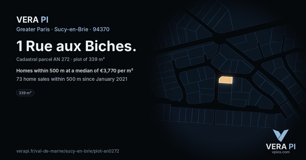 1 Rue aux Biches, Sucy-en-Brie at night – the plot lit, the parcels around coloured by the prices near them