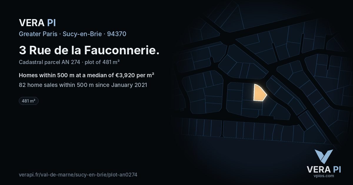 3 Rue de la Fauconnerie, Sucy-en-Brie at night – the plot lit, the parcels around coloured by the prices near them