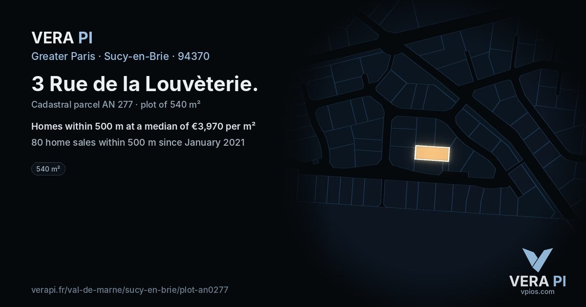 3 Rue de la Louvèterie, Sucy-en-Brie at night – the plot lit, the parcels around coloured by the prices near them