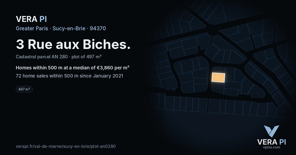 3 Rue aux Biches, Sucy-en-Brie at night – the plot lit, the parcels around coloured by the prices near them