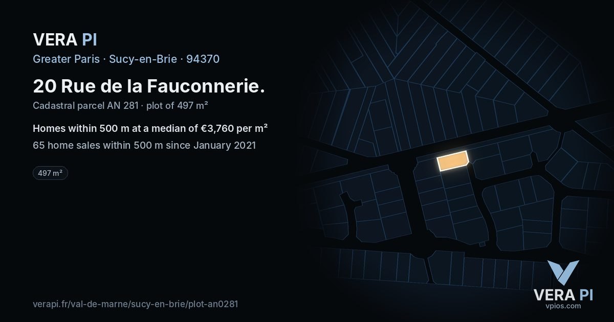 20 Rue de la Fauconnerie, Sucy-en-Brie at night – the plot lit, the parcels around coloured by the prices near them
