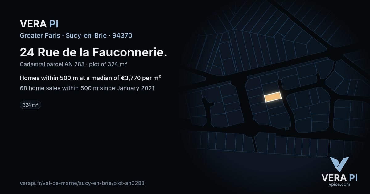 24 Rue de la Fauconnerie, Sucy-en-Brie at night – the plot lit, the parcels around coloured by the prices near them