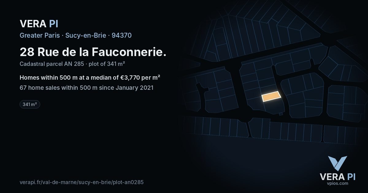 28 Rue de la Fauconnerie, Sucy-en-Brie at night – the plot lit, the parcels around coloured by the prices near them