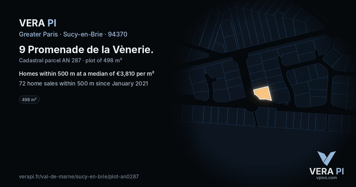 9 Promenade de la Vènerie, Sucy-en-Brie at night – the plot lit, the parcels around coloured by the prices near them