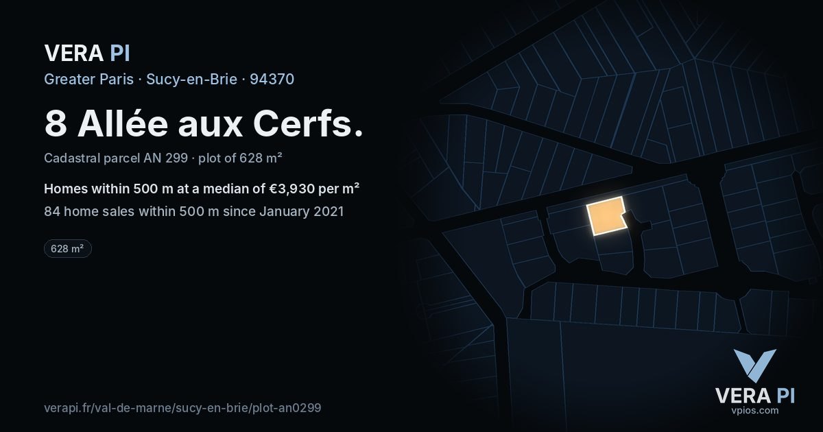 8 Allée aux Cerfs, Sucy-en-Brie at night – the plot lit, the parcels around coloured by the prices near them