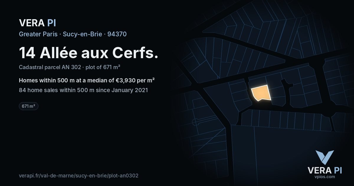 14 Allée aux Cerfs, Sucy-en-Brie at night – the plot lit, the parcels around coloured by the prices near them