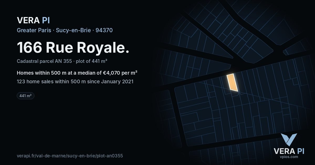166 Rue Royale, Sucy-en-Brie at night – the plot lit, the parcels around coloured by the prices near them