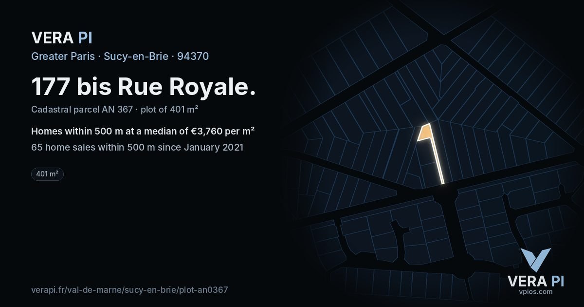 177 bis Rue Royale, Sucy-en-Brie at night – the plot lit, the parcels around coloured by the prices near them