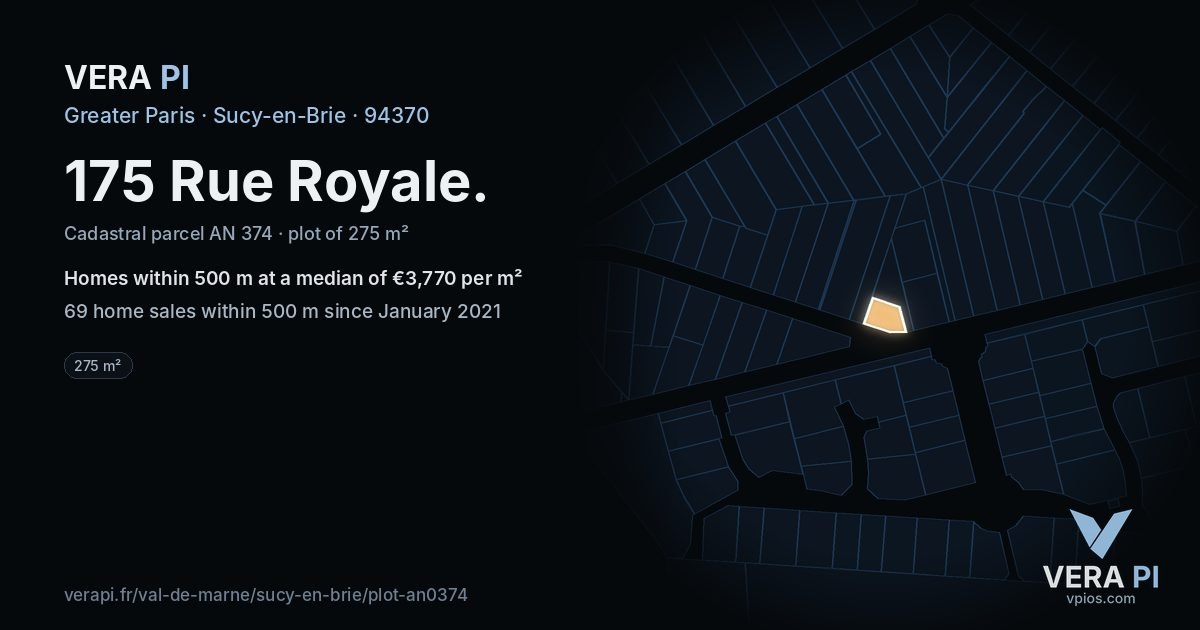 175 Rue Royale, Sucy-en-Brie at night – the plot lit, the parcels around coloured by the prices near them