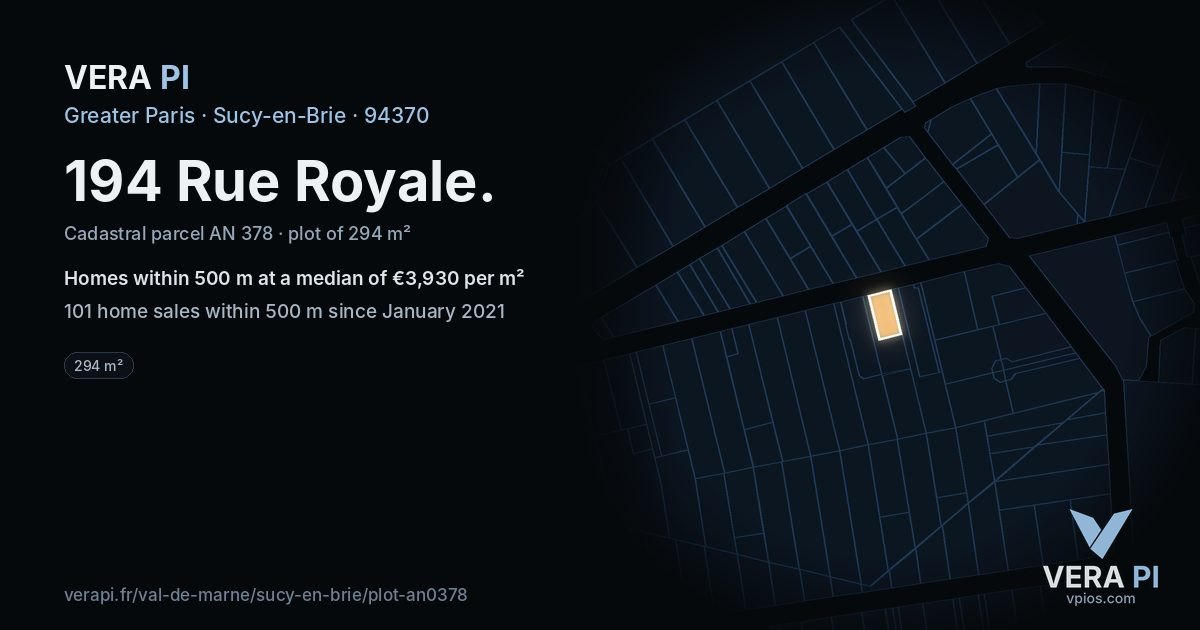 194 Rue Royale, Sucy-en-Brie at night – the plot lit, the parcels around coloured by the prices near them