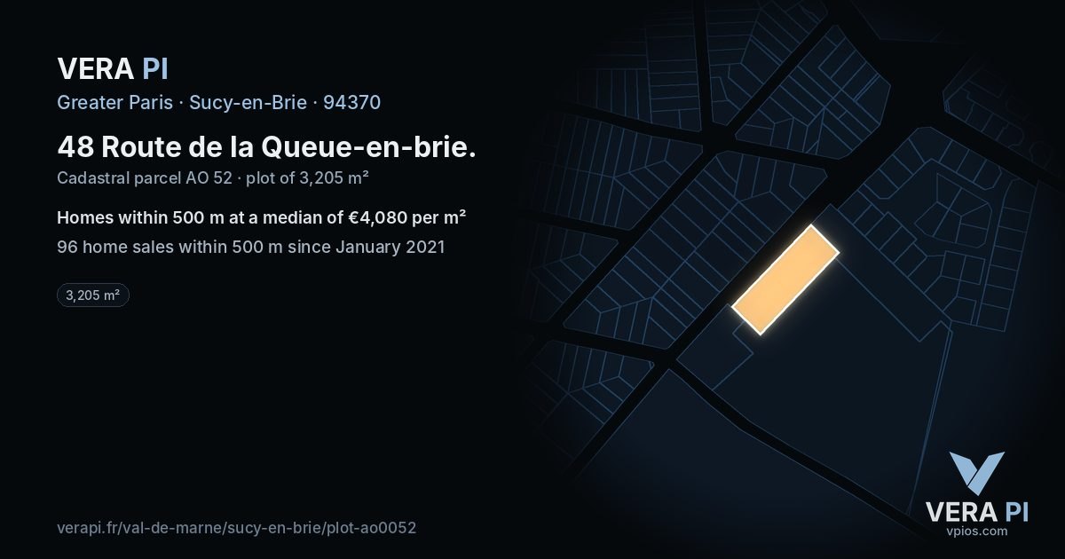 48 Route de la Queue-en-brie, Sucy-en-Brie at night – the plot lit, the parcels around coloured by the prices near them