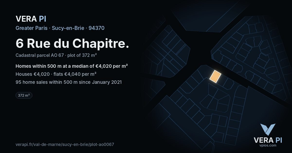 6 Rue du Chapitre, Sucy-en-Brie at night – the plot lit, the parcels around coloured by the prices near them