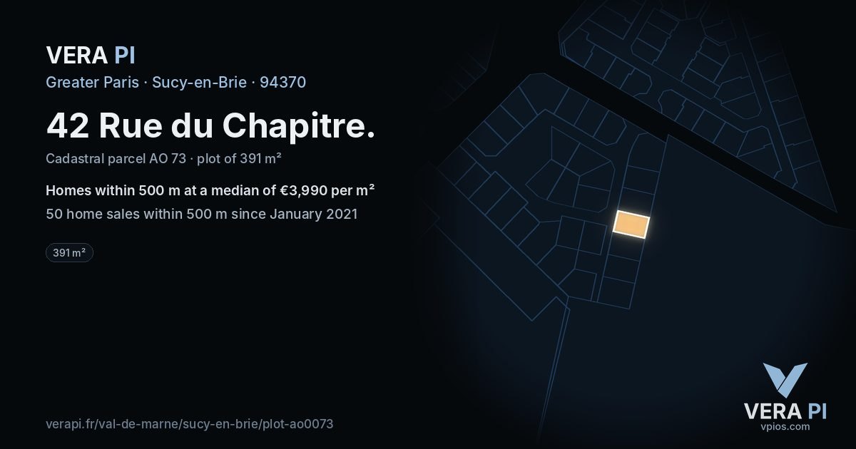 42 Rue du Chapitre, Sucy-en-Brie at night – the plot lit, the parcels around coloured by the prices near them