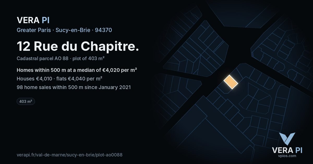 12 Rue du Chapitre, Sucy-en-Brie at night – the plot lit, the parcels around coloured by the prices near them
