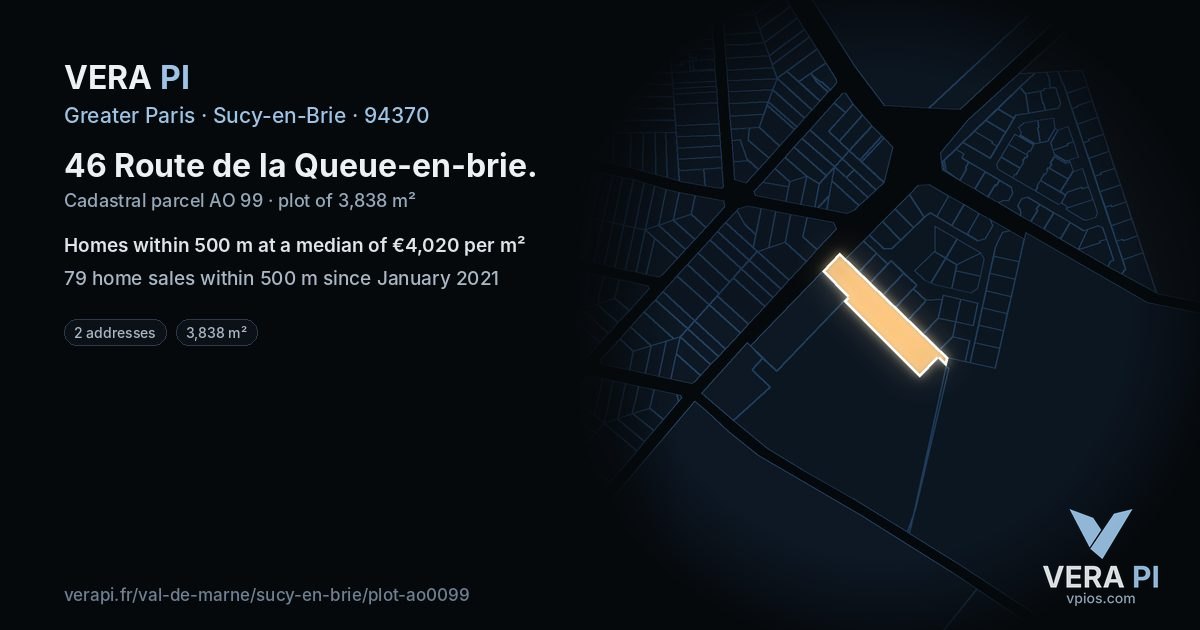 46 Route de la Queue-en-brie, Sucy-en-Brie at night – the plot lit, the parcels around coloured by the prices near them