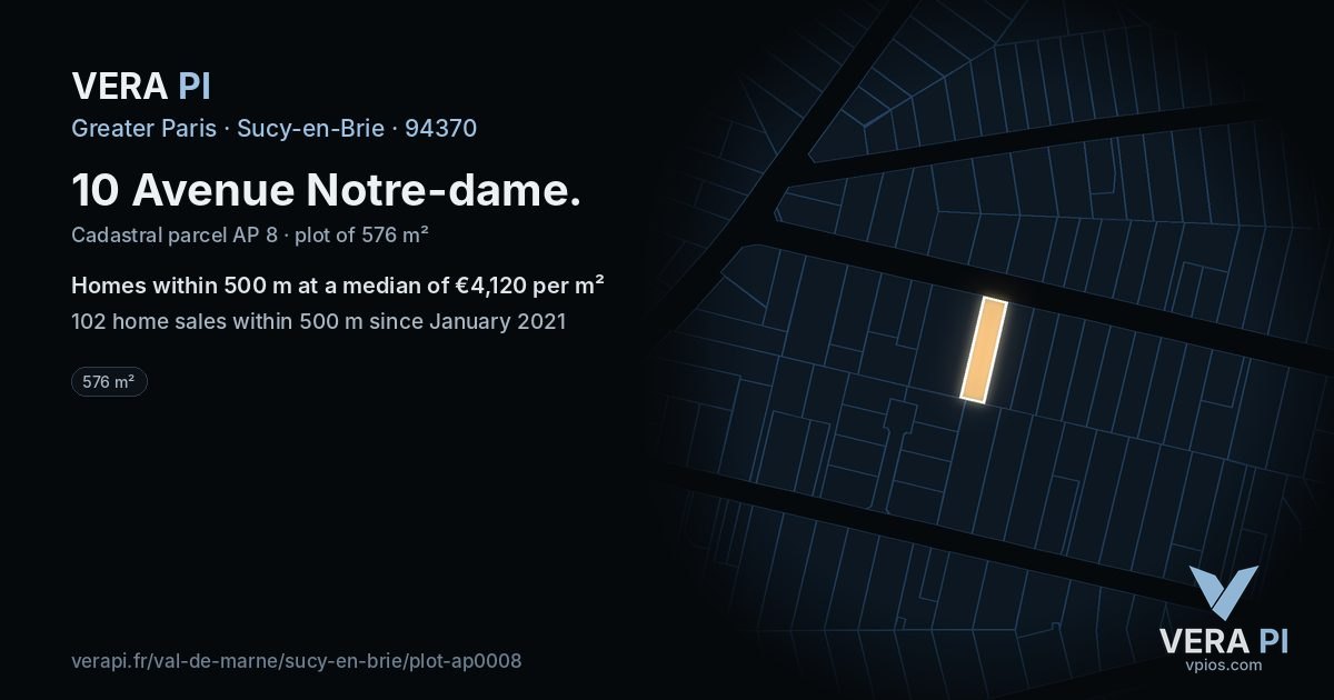 10 Avenue Notre-dame, Sucy-en-Brie at night – the plot lit, the parcels around coloured by the prices near them