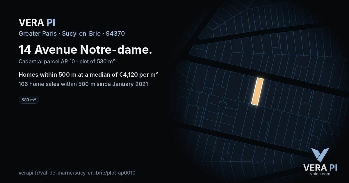 14 Avenue Notre-dame, Sucy-en-Brie at night – the plot lit, the parcels around coloured by the prices near them
