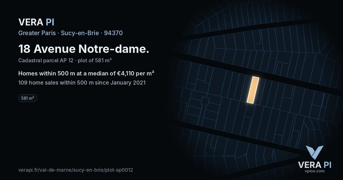 18 Avenue Notre-dame, Sucy-en-Brie at night – the plot lit, the parcels around coloured by the prices near them