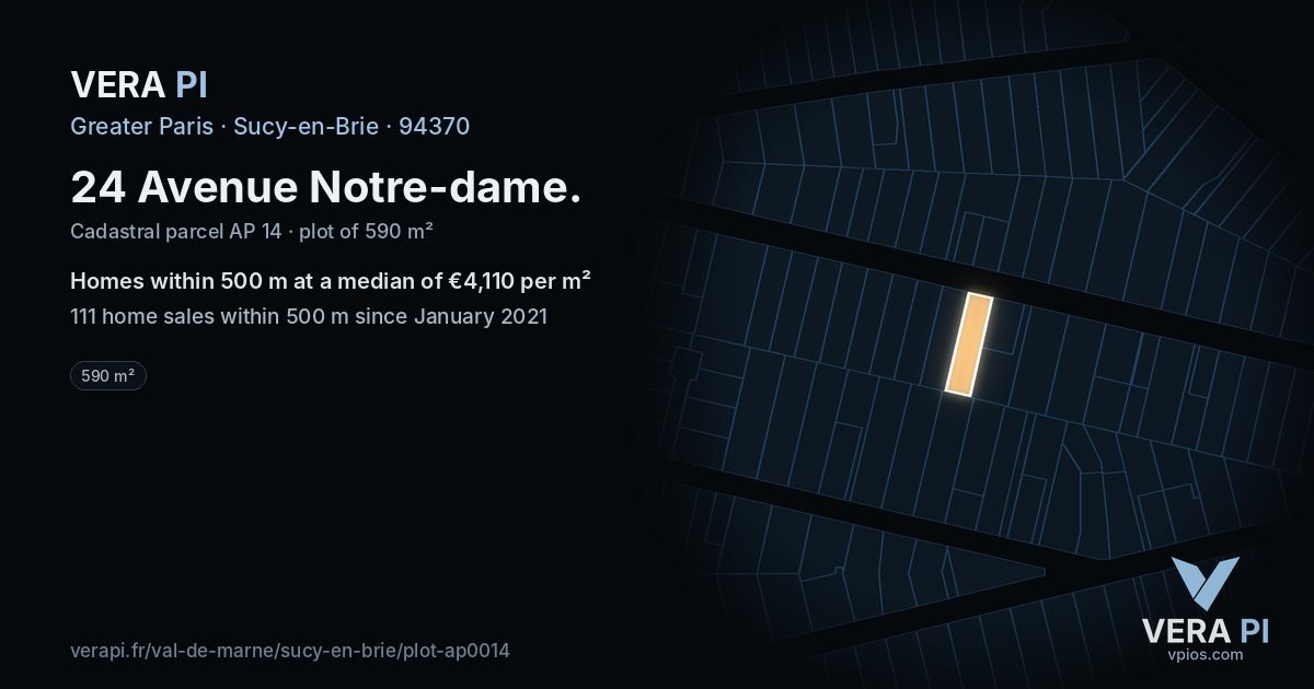 24 Avenue Notre-dame, Sucy-en-Brie at night – the plot lit, the parcels around coloured by the prices near them