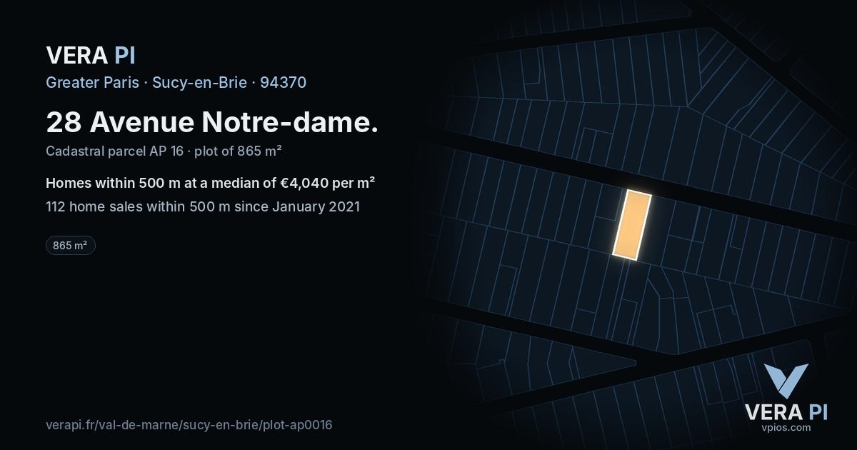 28 Avenue Notre-dame, Sucy-en-Brie at night – the plot lit, the parcels around coloured by the prices near them