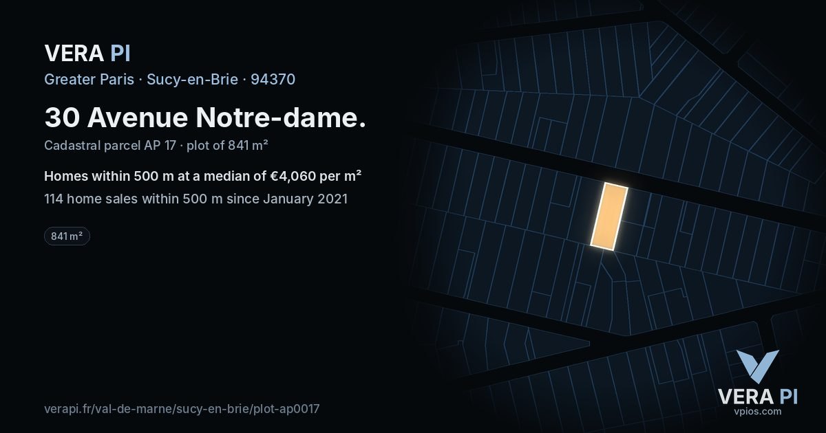 30 Avenue Notre-dame, Sucy-en-Brie at night – the plot lit, the parcels around coloured by the prices near them