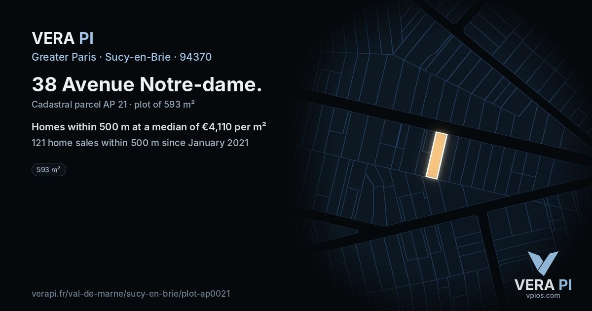 38 Avenue Notre-dame, Sucy-en-Brie at night – the plot lit, the parcels around coloured by the prices near them