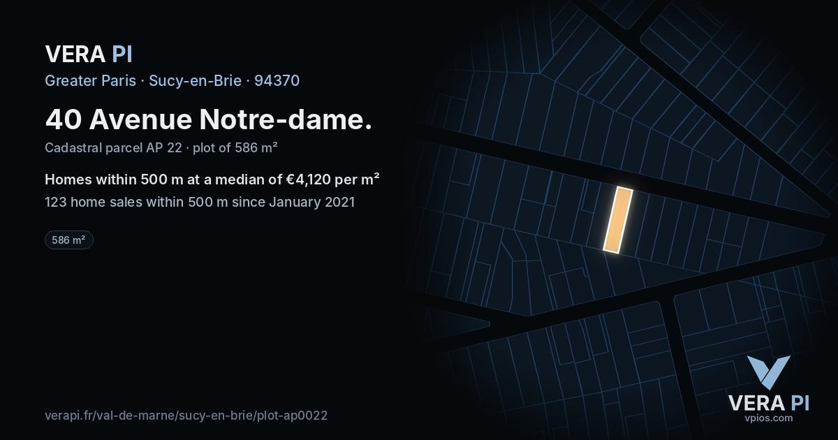 40 Avenue Notre-dame, Sucy-en-Brie at night – the plot lit, the parcels around coloured by the prices near them