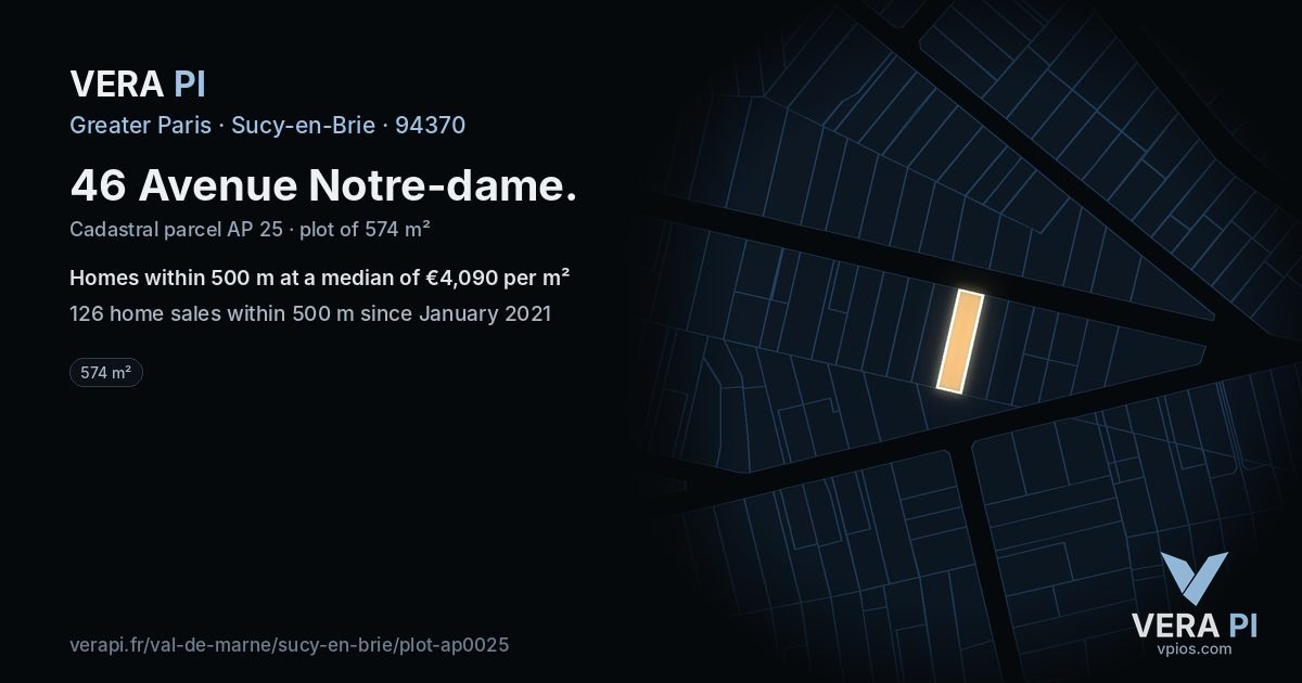 46 Avenue Notre-dame, Sucy-en-Brie at night – the plot lit, the parcels around coloured by the prices near them