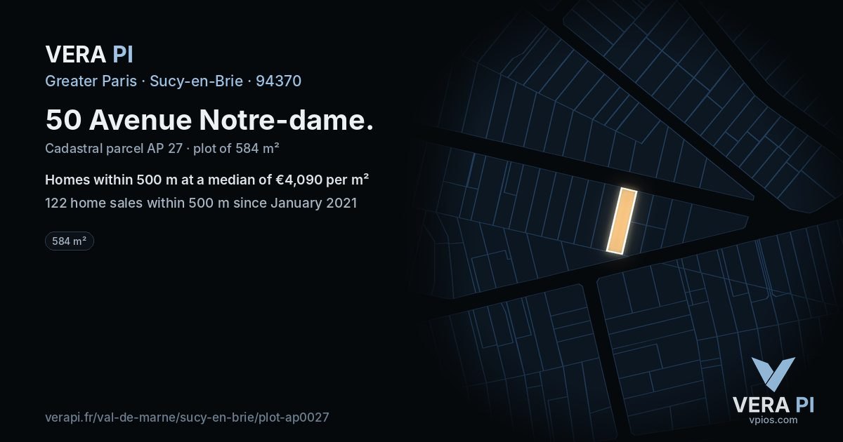 50 Avenue Notre-dame, Sucy-en-Brie at night – the plot lit, the parcels around coloured by the prices near them