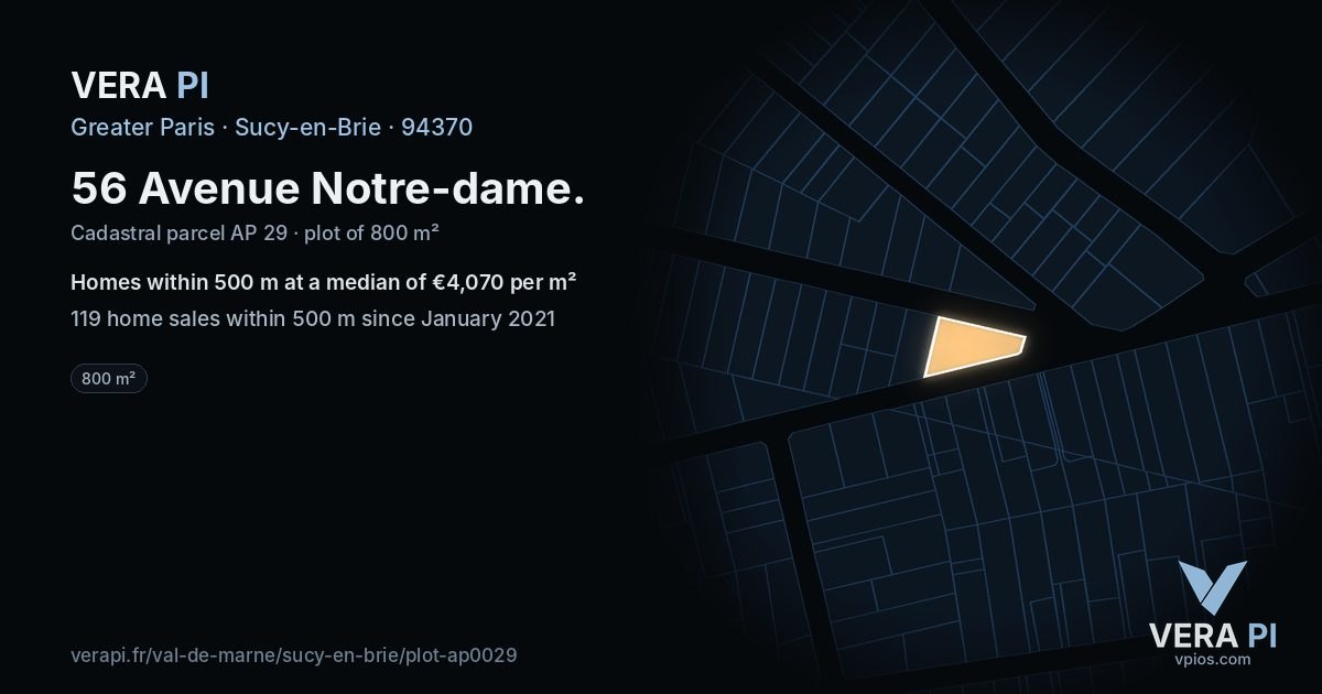 56 Avenue Notre-dame, Sucy-en-Brie at night – the plot lit, the parcels around coloured by the prices near them