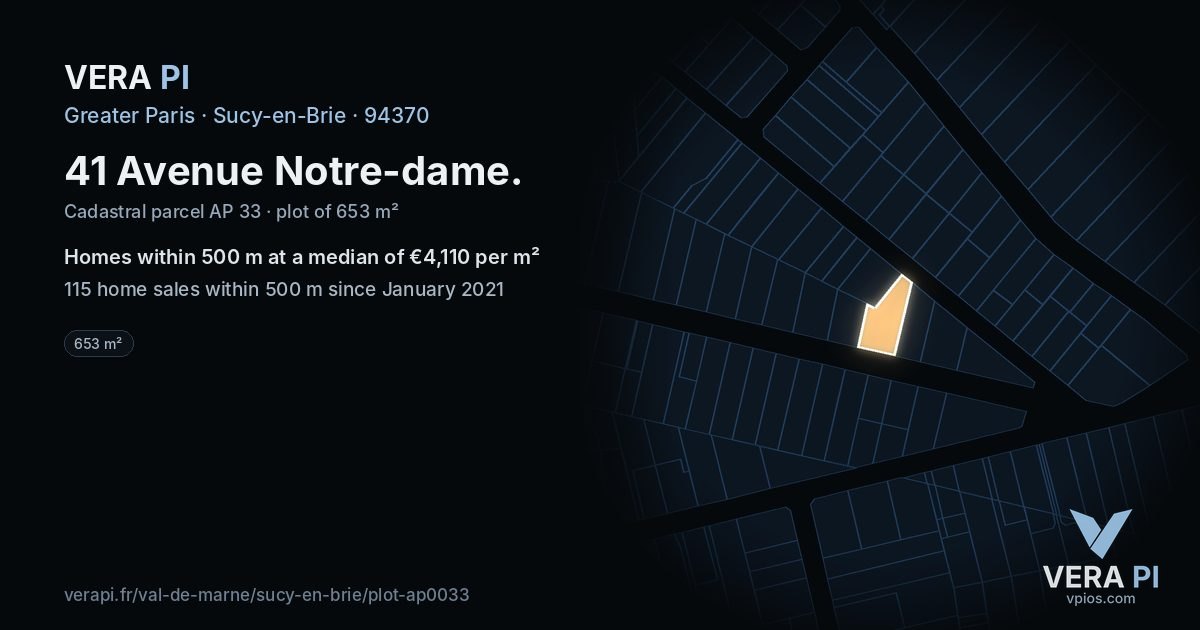 41 Avenue Notre-dame, Sucy-en-Brie at night – the plot lit, the parcels around coloured by the prices near them