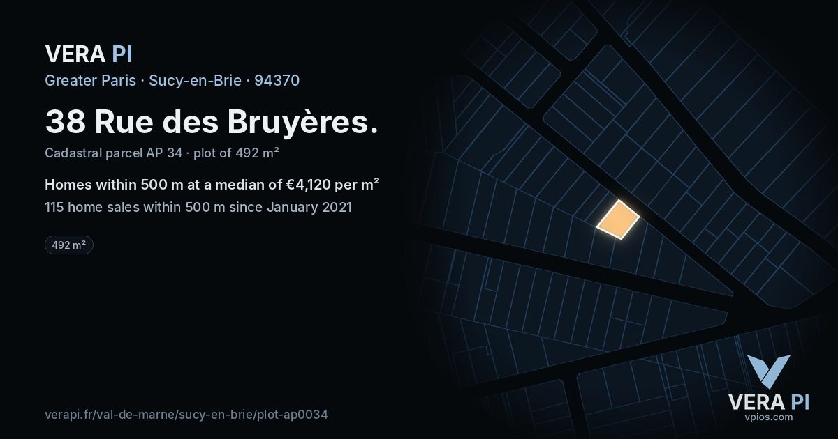 38 Rue des Bruyères, Sucy-en-Brie at night – the plot lit, the parcels around coloured by the prices near them