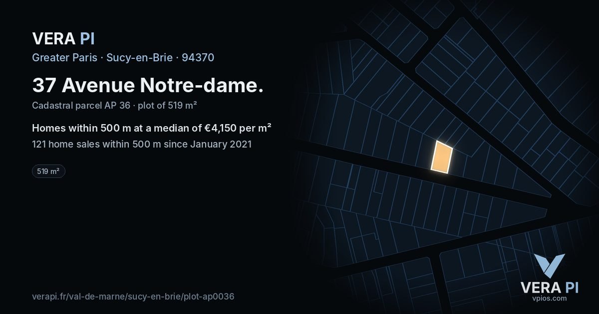 37 Avenue Notre-dame, Sucy-en-Brie at night – the plot lit, the parcels around coloured by the prices near them