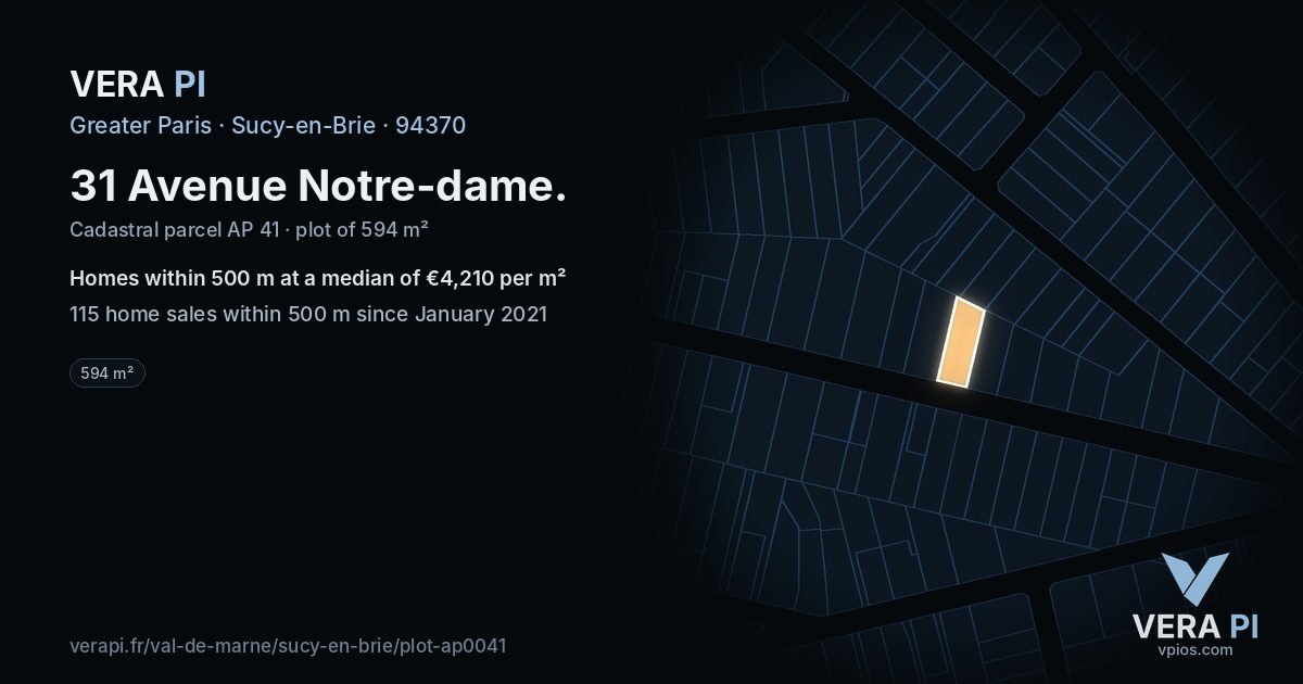 31 Avenue Notre-dame, Sucy-en-Brie at night – the plot lit, the parcels around coloured by the prices near them