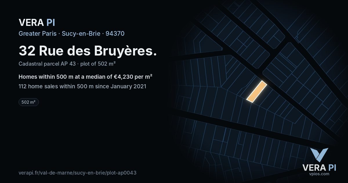 32 Rue des Bruyères, Sucy-en-Brie at night – the plot lit, the parcels around coloured by the prices near them