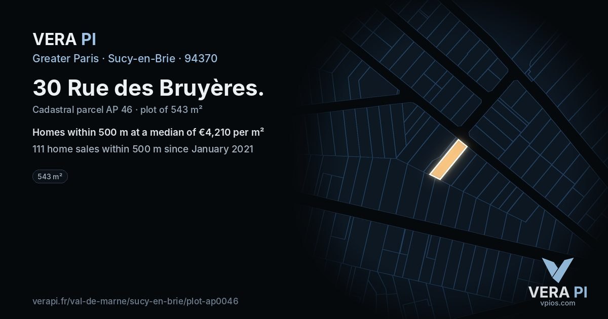 30 Rue des Bruyères, Sucy-en-Brie at night – the plot lit, the parcels around coloured by the prices near them