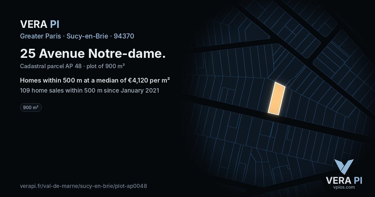 25 Avenue Notre-dame, Sucy-en-Brie at night – the plot lit, the parcels around coloured by the prices near them