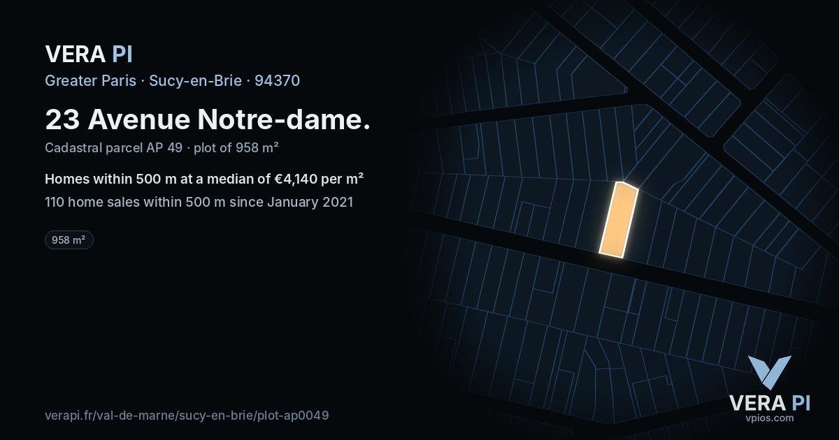 23 Avenue Notre-dame, Sucy-en-Brie at night – the plot lit, the parcels around coloured by the prices near them