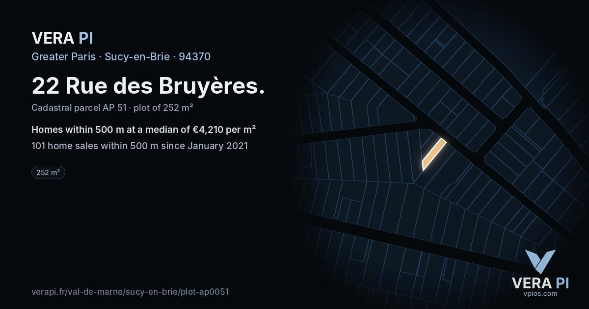 22 Rue des Bruyères, Sucy-en-Brie at night – the plot lit, the parcels around coloured by the prices near them