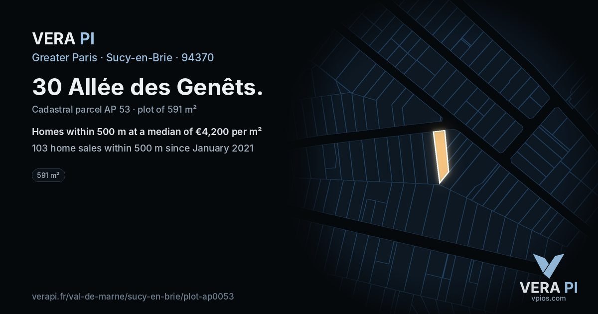 30 Allée des Genêts, Sucy-en-Brie at night – the plot lit, the parcels around coloured by the prices near them