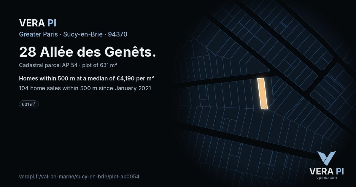 28 Allée des Genêts, Sucy-en-Brie at night – the plot lit, the parcels around coloured by the prices near them