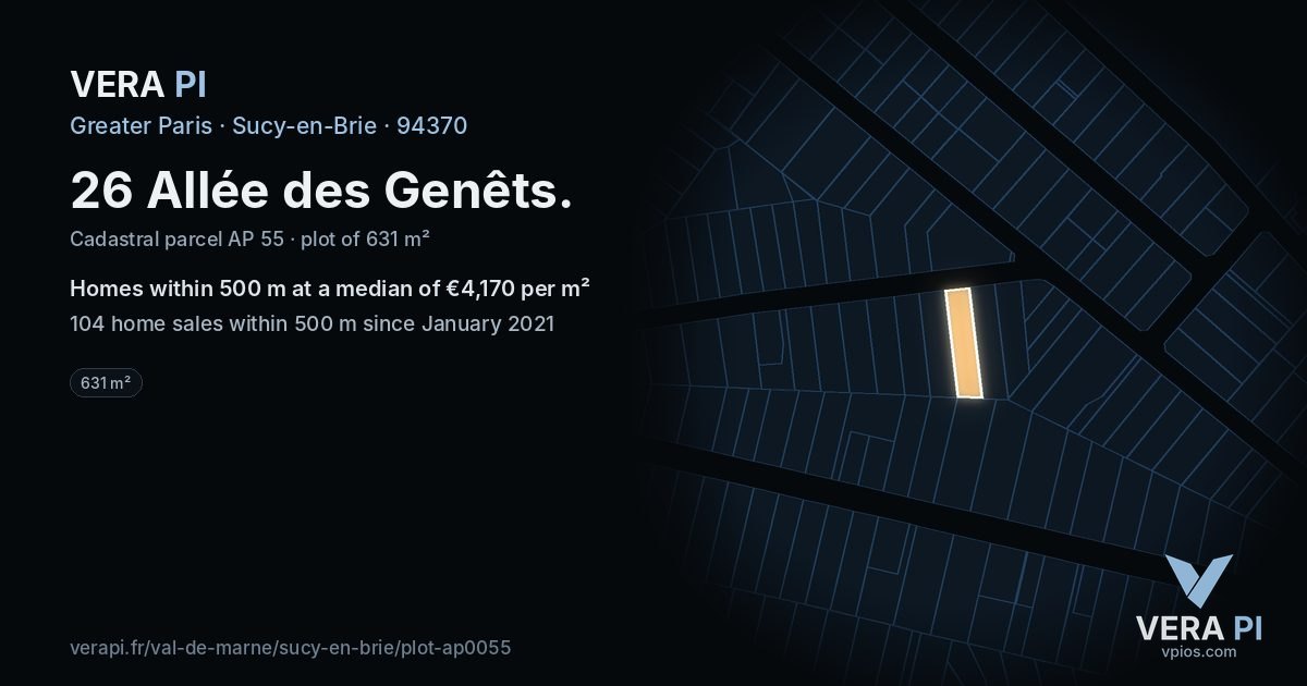 26 Allée des Genêts, Sucy-en-Brie at night – the plot lit, the parcels around coloured by the prices near them