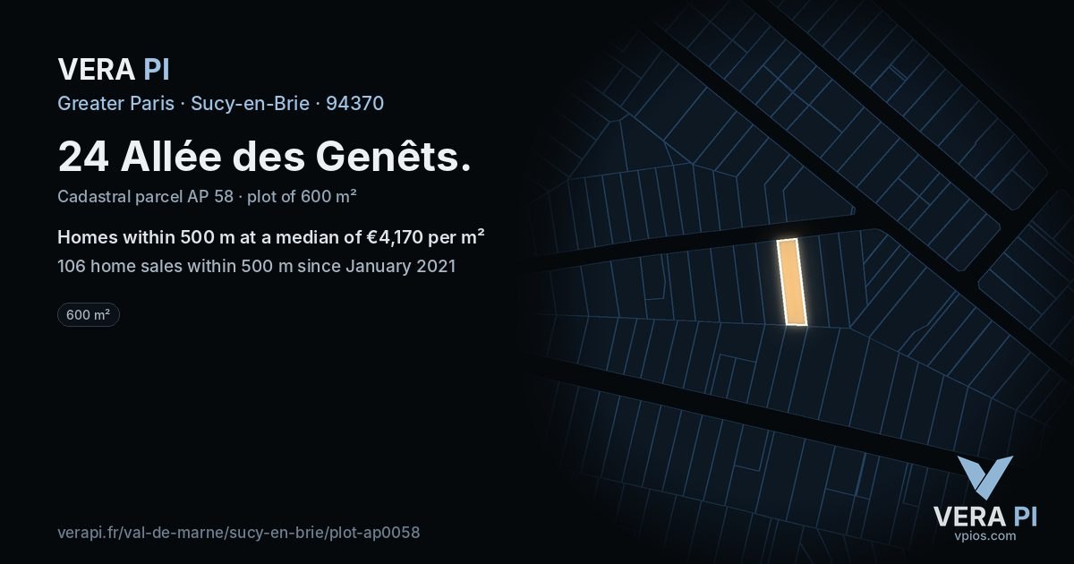 24 Allée des Genêts, Sucy-en-Brie at night – the plot lit, the parcels around coloured by the prices near them